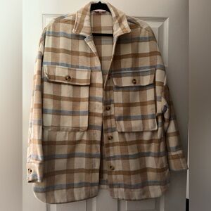 Pink Lily Beige and Light Blue Plaid Shacket